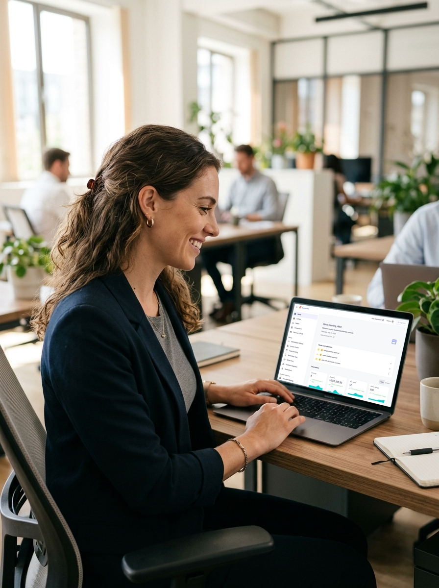 Marketplace operator smiling at her laptop running the Sharemates console